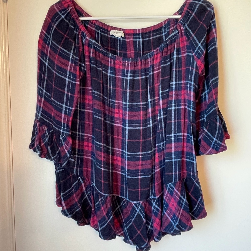 beachlunchlounge Pink & Navy Plaid Off-Shoulder Flannel Ruffle Top